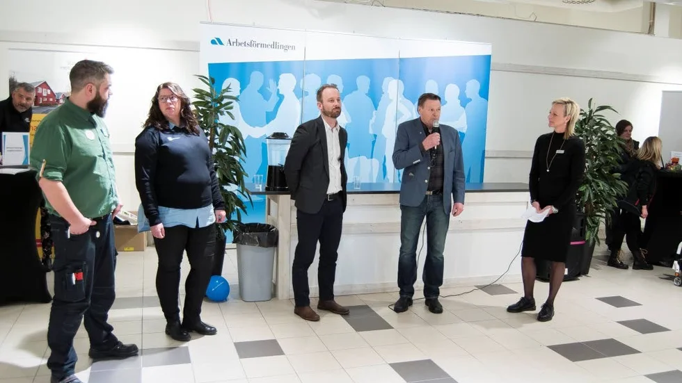 Rekryteringsmässa. Gunnar Lejon, Coop, Maria Johansson, socialförvaltningen, Daniel Nilsson, Arbetsförmedlingen, Inge Andersson, Bodens kommun och Ann-Chatrine Granström, Arbetsförmedlingen deltog vid invigningen av rekryteringsmässan i Boden.