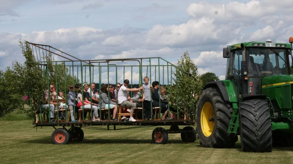 Lövade skrindor. Från olika håll i bygden kom lövade skrindor till midsommarfirandet på Vreta gård i Kulla.