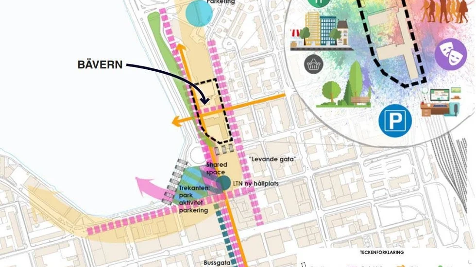 Så här kan kvarteret Bävern och Norra hamn utvecklas, Skomakargatan ska bli ett levande stråk för gående och cyklister, parkeringen på Trekanten placeras under jord och ett nytt p-hus byggs i norra ändan av området (blå punkt).