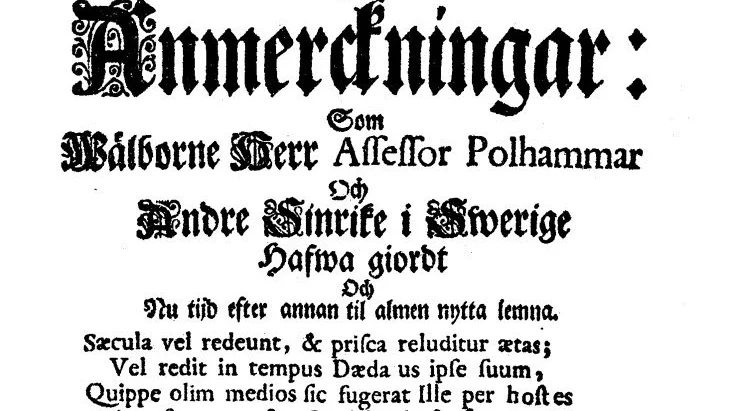 Förstasidan till det första numret av Daedalus Hyperboreus. Innan han adlades hette Polhem Polhammar i efternamn.