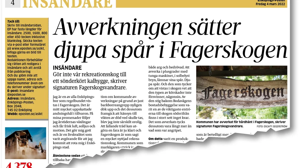 Insändare från signaturen Fagerskogsvandrade den 4 mars 2022.