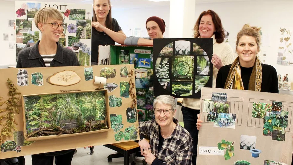 Teman. Trädgårdsmästarutbildningen visar planerna för årets Tematrädgårdar "Från slott till koja". Från vänster Ina Onselius, Agnes Axmon, Filip Geber, Anne Lind, Martina Ekert och längst fram läraren Lena Biärsjö.