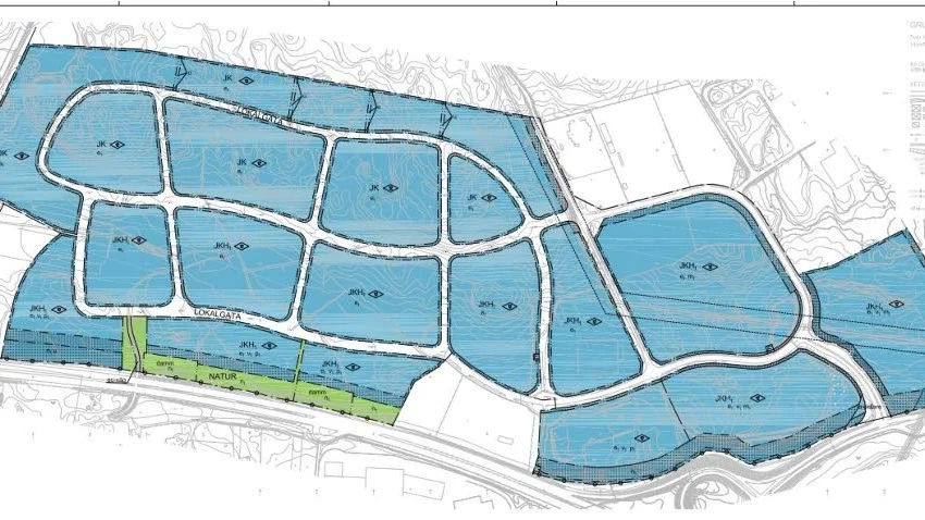 Plankarta ur detaljplan för Hagalund 1:4, antagen 2015. Ny detaljplan för nordvästra delen håller på att tas fram. Området där dammanläggning fyllts igen i sydöstra delen, mellan infart och den vita rutan.