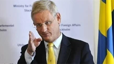 Sveriges utrikesminister Carl Bildt under en pressträff på Utrikesdepardementet i Stockholm.