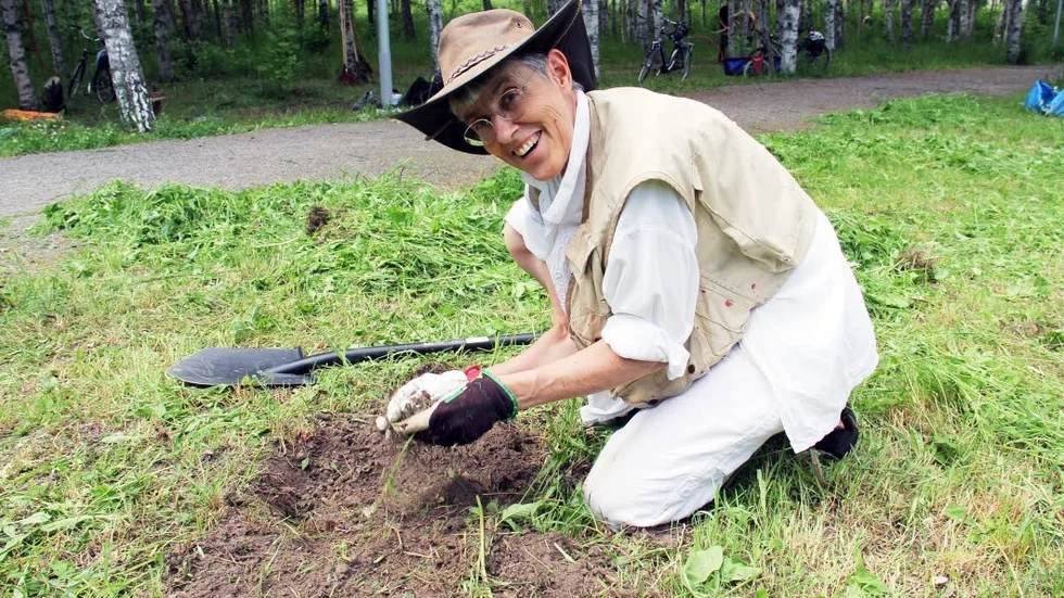 Marie Kvarnström, ordförande i omställningsgruppen, gräver och planterar ut de vilda ängsväxterna.