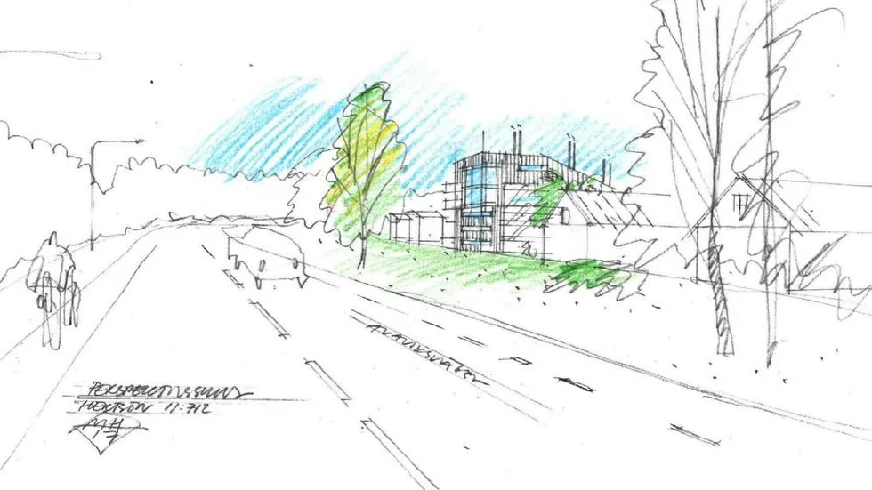 Så här kan Heimstadens planerade nybygge på Hertsön komma att se ut från Avaviksvägen. Heimstaden vill bygga ett femvåningshus bland befintliga tvåvåningshus.