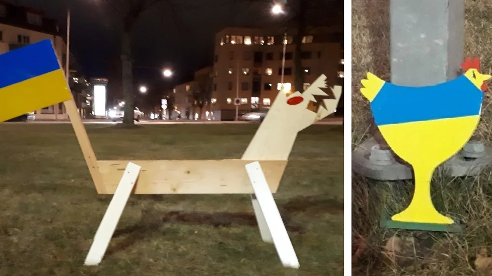 "Put(in) a creature" är en nystartad rörelse från Linköping. Flera djur finns, men just de här, en arg hund och en rädd höna, har dykt upp i Abiskorondellen och i Ekängen.