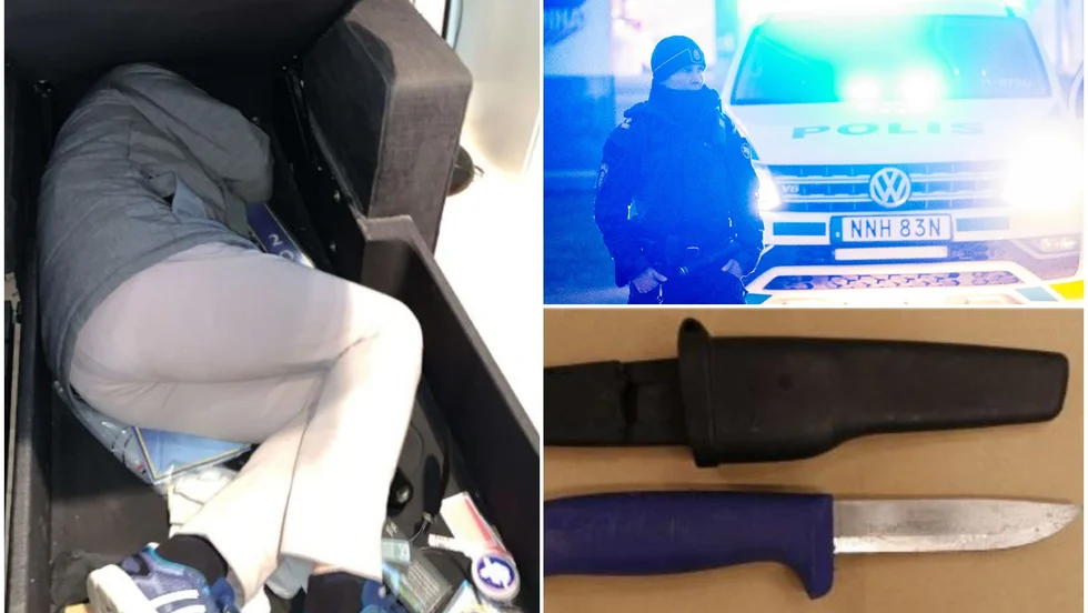 Här gömde sig den misstänkte gärningsmannen. På bilden visar en polisman gömstället i soffan i Skärblacka.