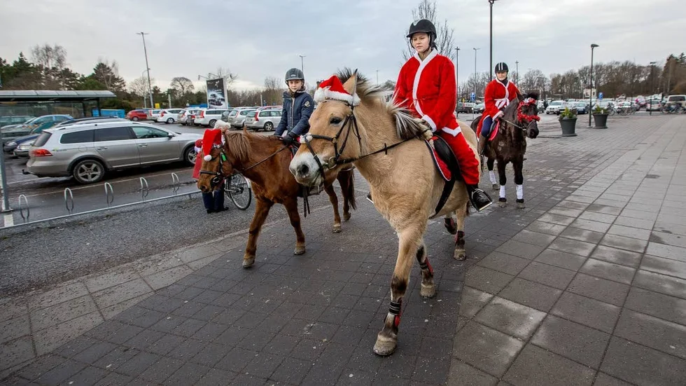 Hästtomtar. Från vänster, Nora Hellgren på hästen Soda, Sara Thorén på Alliss och Nora Åkerfeldt på Persilja. Trion hälsade god jul till alla vid Gränby centrum.
