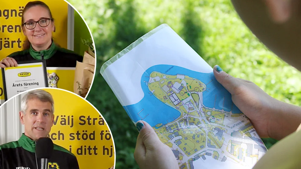 Linda Sterner och Fredrik Lundström från Smols styrelse tog emot priset, 15 000 kronor. Bilden med kartan är från sommaren 2020, när föreningen delade ut gratis orienteringskartor till alla som ville testa.
