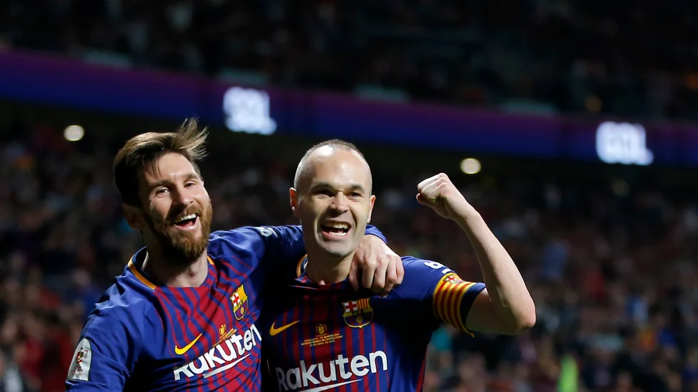 Lionel Messi och Andres Iniesta under tiden i Barcelona. Arkivbild.