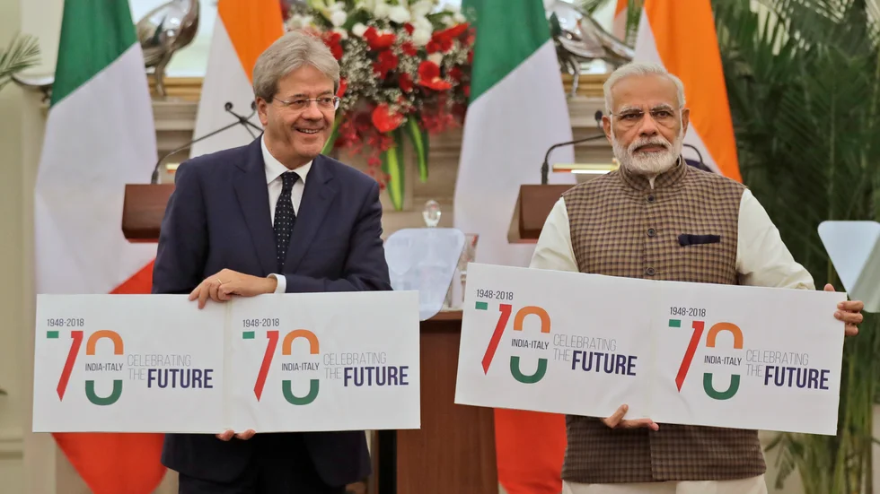 Den indiske premiärministern Narendra Modi (till höger), och Italiens dåvarande premiärminister Paolo Gentiloni år 2017. Arkivbild.