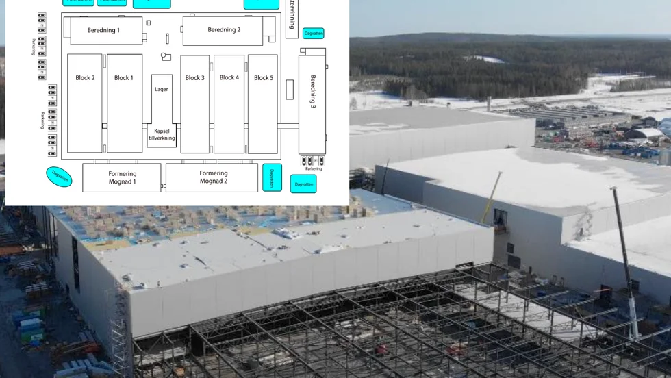 llustrationen visar hur Northvolt Ett är tänkt att se ut fullt utbyggd med såväl fem produktionslinjer (Downstream) som tre beredningar (Upstream) och två Formering/mognad (Formation and aging), med mera.