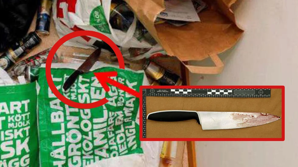 Kniven som användes vid mordet hittades liggande på en plastpåse.