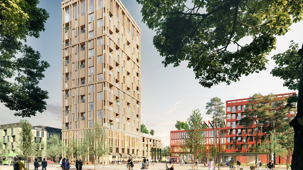 Så här ser det nya torget ut i korsningen mellan Fröslundavägen och Gillbergavägen. Höghuset som byggs i trä utgör ett landmärke och stärker områdets identitet. 