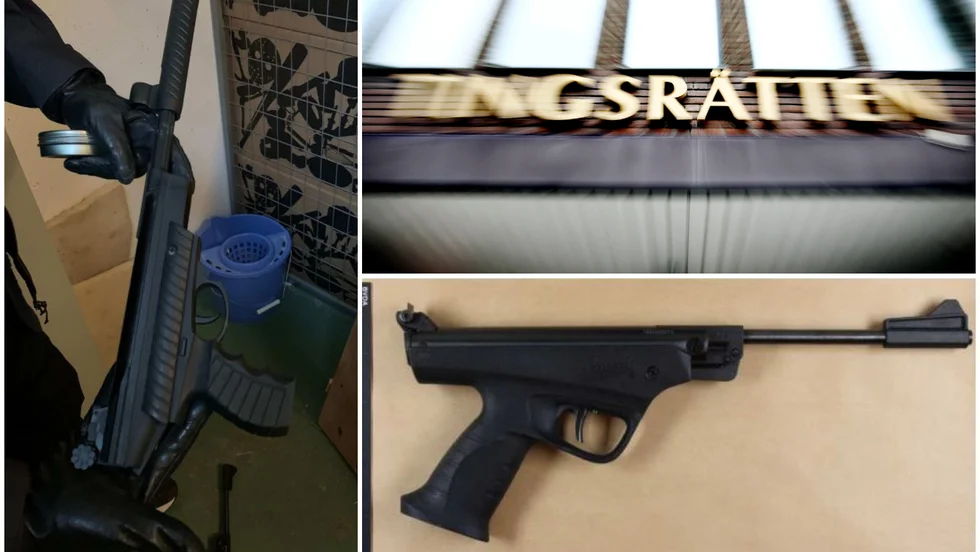 Polisen tog två lagliga luftpistoler i beslag, varav en identifierades som det vapen en påverkad 18-åring hade nedkörd i byxorna när han frågade en främmande man om han sålde knark. Eskilstuna tingsrätts dom kan överklagas till Svea hovrätt senast den 9 juni.