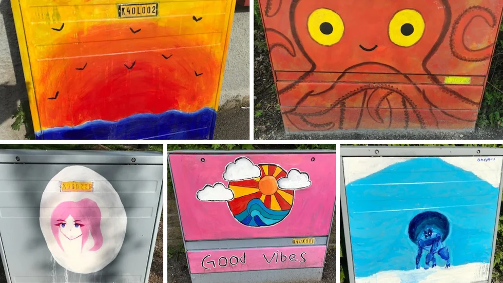 Nya konstverken på fem elskåp i Mjölby målade av: 
Övre från vänster: Ella Lans och Oscar Johansson. Nedre från vänster: Agnes Höglund, Isabelle Uner och Hugo Santana Karlsson.