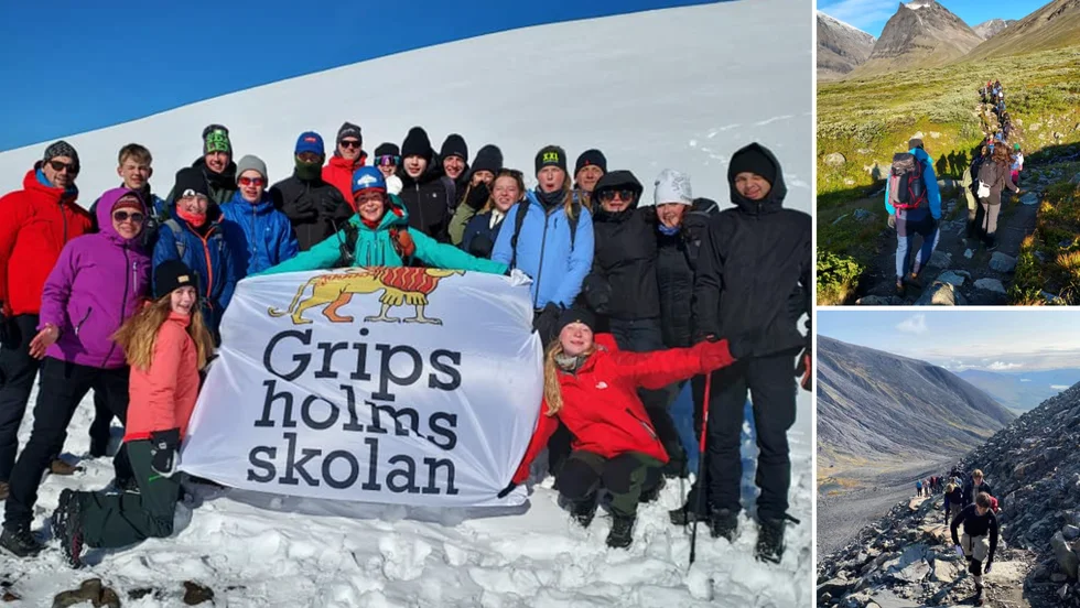 Klass 9B mötte upp äventyraren tillika mentorn Renata Chlumska (i grön jacka) på Kebnekaises topp. Bilderna till höger visar klass 9B och 9A på vandring upp för berget förra veckan.