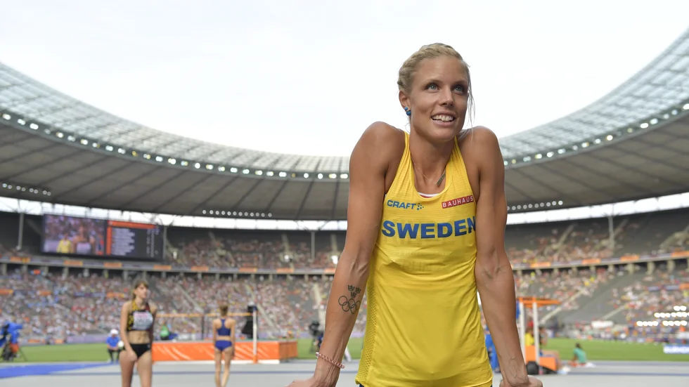 Erika Kinsey med sin OS-tatuering från Rio 2016 under friidrotts-EM i Berlin 2018. Arkivbild.