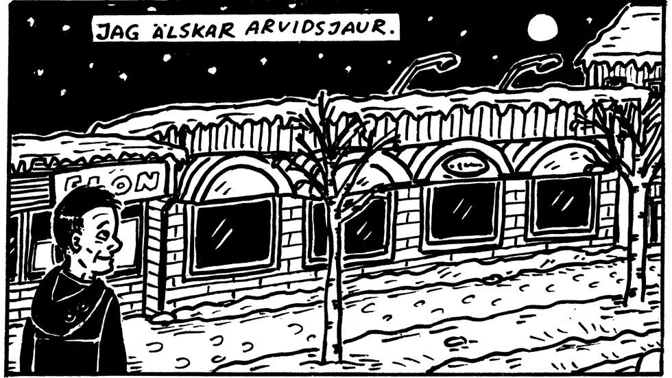 Ur Mats Jonssons kommande seriealbum ”När vi var samer”. Bilden visar den fastighet och den lokal där utställningen äger rum.
