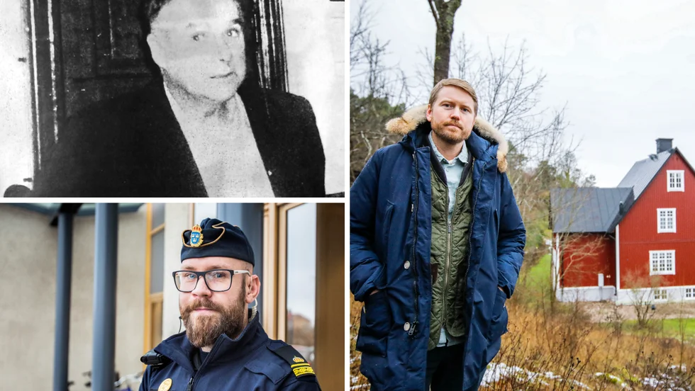 För snart 50 år sedan försvann Sven Sjögren (uppe till vänster) från Lummelunda. Polisens utredare Christian Gardelius (nere till vänster) är nu åter igång och tittar på nyinkomna tips om fallet. Podden "Olösta mords" manusförfattare Urban Gärdek (till höger) vill redan i sommar utföra grävningar efter Sven Sjögrens kropp. I bakgrunden syns Sjögrens gamla hus i Lummelunda.