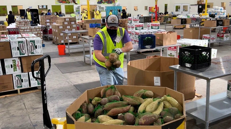 Sötpotatis läggs fram på matmarknaden som drivs av Alameda County Community Food Bank i Oakland.