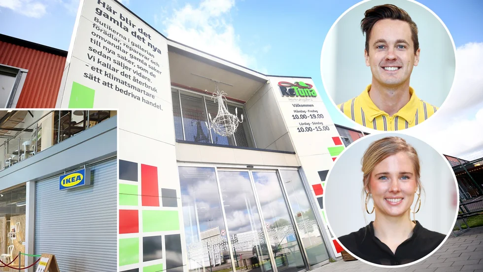 "Jag kan meddela att vi förlänger nu för andra gången livet  på vår second hand-butik i Eskilstuna", säger Jonas Fjäll, marknadsområdeschef för Ikea Västerås och Ikea second hand på Retuna återbruksgalleria. På bild även Sofia Bystedt, centrumledare för Retuna.