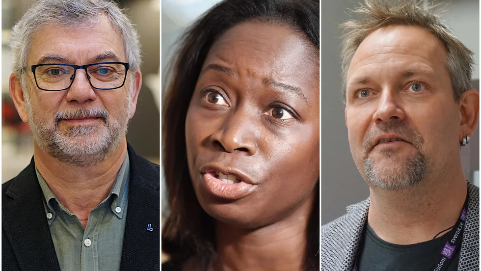 Liberalernas partiledare Nyamko Sabuni flankerad av de lokala partiföreträdarna Sverker Thorén och Fredrik Lindström, som har varsin hållning i helgens heta fråga.
