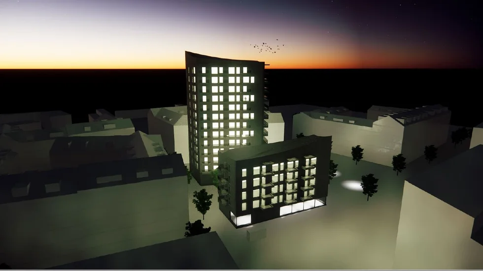 Här är en konceptskiss för kvarteret Eldstaden i Kronandalens centrum. Så här tänker sig Nåiden och MAF att bygga i kvarteret, som mest kan höghuset bli 45 meter högt.