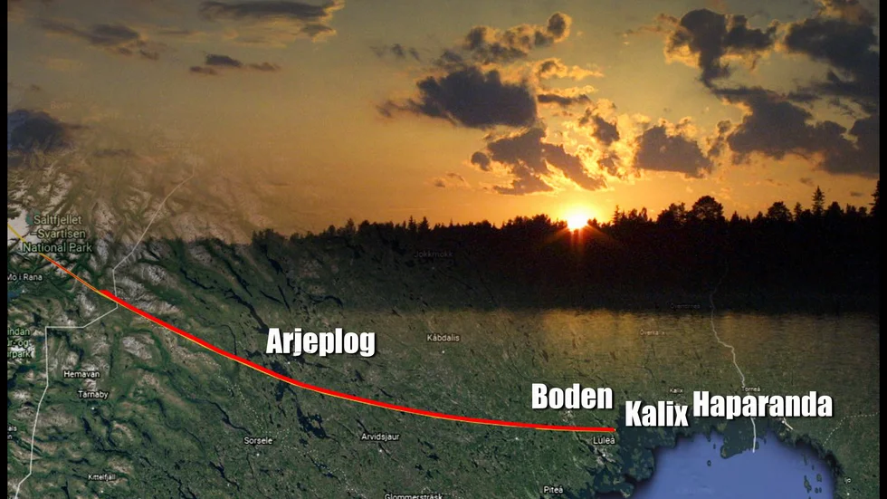 Den teorietiska gränsen midnattssolen ungefär vid latitud 65,73°N, ungefär den röda linjen på kartan. Den intresserade kan således själv leta fram hur långt norrut man minst måste bege sig ifall man vill uppleva midnattssolen. 