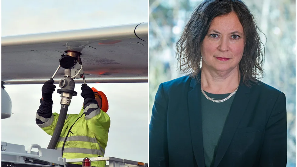 "Det finns producenter i Sverige som inom ett par år skulle kunna börja en storskalig produktion av flygbränsle gjort av restprodukter från svensk skogsavverkning", säger Lena Wennberg, miljöchef på Swedavia. Tv ett plan som tankas.