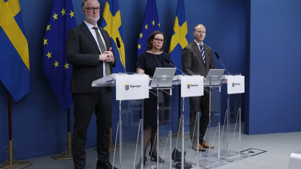 Regeringen och deras stödparti SD vill drastiskt minska ned arbetskraftsinvandringen till Sverige. På bilden syns arbetsmarknadsminister Johan Pehrson (L), migrationsminister Maria Malmer Stenergard (M) och Sverigedemokraternas migrationspolitiske talesperson Ludvig Aspling.