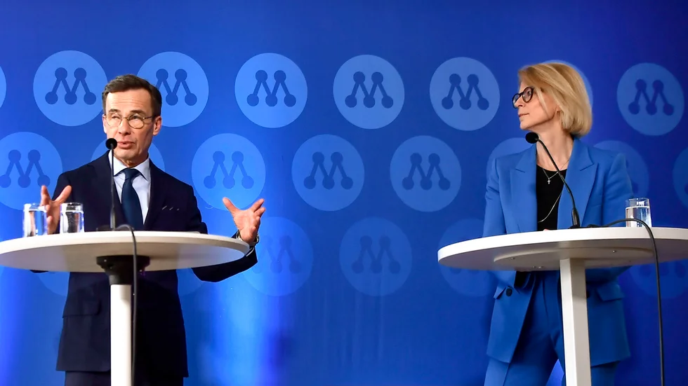 Statsminister Ulf Kristersson (M) och finansminister Elisabeth Svantesson (M) håller pressträff under Moderaternas Sverigemötet 2023 i Karlstad.