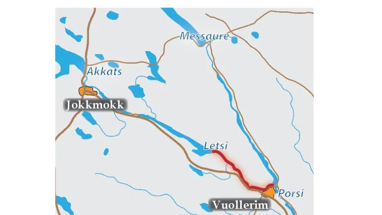 TORRLAGT. Den torrlagda älvfåran är rödmarkerad på kartan. Vattnet leds i en tunnel från Lilla Lule älv till Stora Lule älv (till höger) och utnyttjas därmed en extra gång.  ?Grafik: NSD