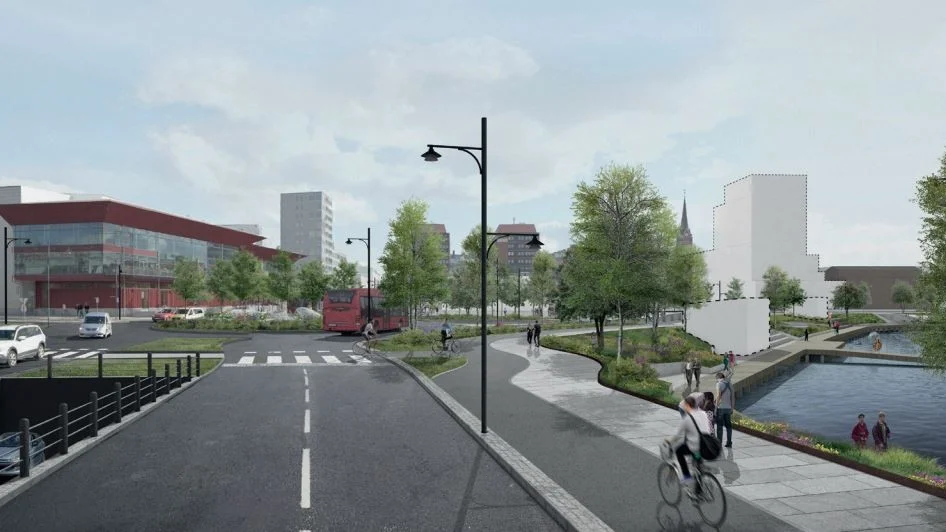 Så här kan infarten till Luleå centrum komma att se ut, med en ramp till det underjordiska garaget (till vänster i bild), nytt övergångsställe över Bodenvägen och utveckling av stråket längs kajen.