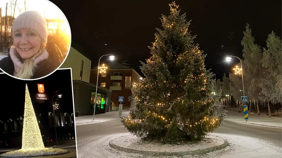 "Det är mycket mer stämningsfullt med en äkta gran", säger Kailxbon Lena Kallio som inte gav mycket för den tidigare numera skrotade, konformade stålgranen (infällda bilden).