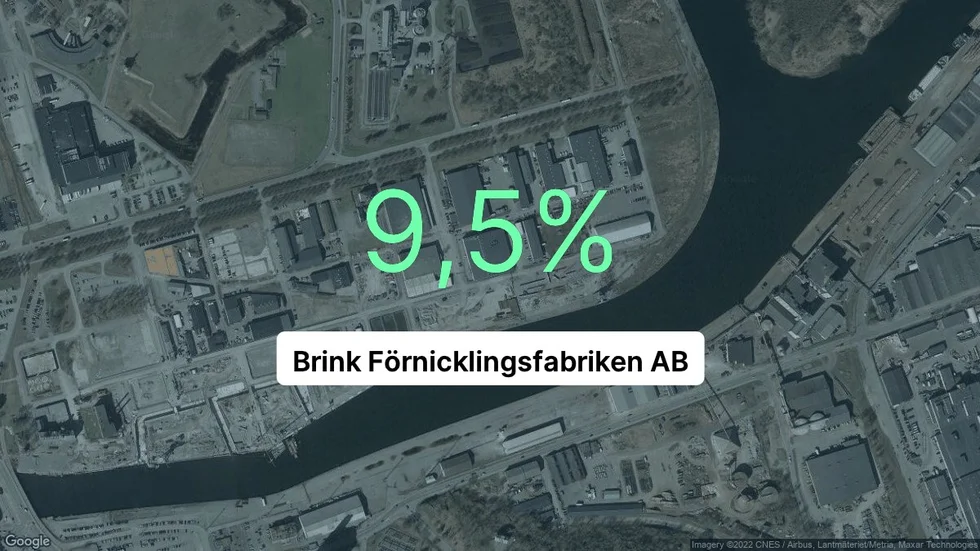 Illustrationen visar rörelsemarginalen för Brink Förnicklingsfabriken för det senaste året. Bakgrunden är en satellitbild över företagets adress.