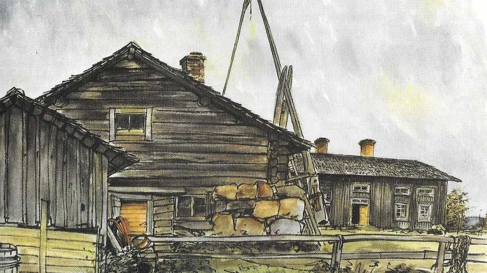 Bondgård i Brändön. Målning av Eigil Schwab. Boningshuset och gårdsplanen är typisk för ett normalstort hemman i Lulebygden runt sekelskiftet 1900.