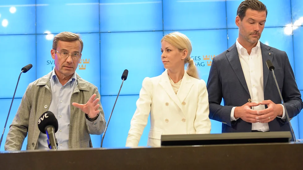 Moderaternas partiledare Ulf Kristersson, finansborgarrådet i Stockholm Anna König Jerlmyr och Johan Forssell, rättspolitisk talesperson, presenterar förslag på förebyggande åtgärder mot kriminalitet.