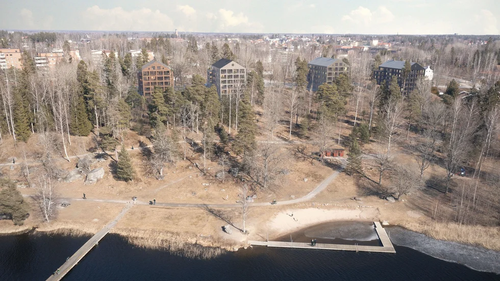Planritning för lägenhetshusen på fastigheten nära Duveholmsbadet i Nävertorp.