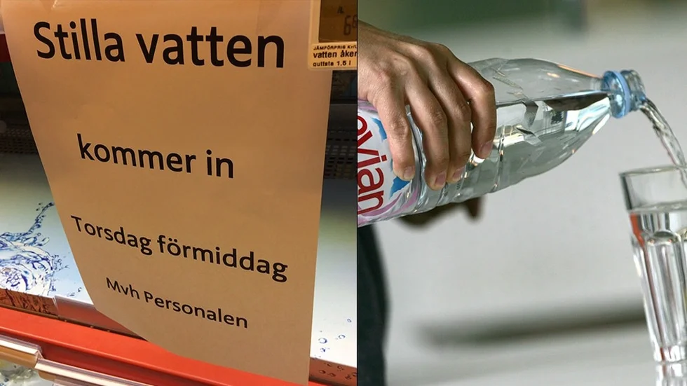 På Ica Maxi i Eskilstuna möttes kunder som ville köpa stilla vatten av denna lapp och på Stora Coop i Eskilstuna tog nära nog alla flaskor av stilla vatten också slut under dagen.