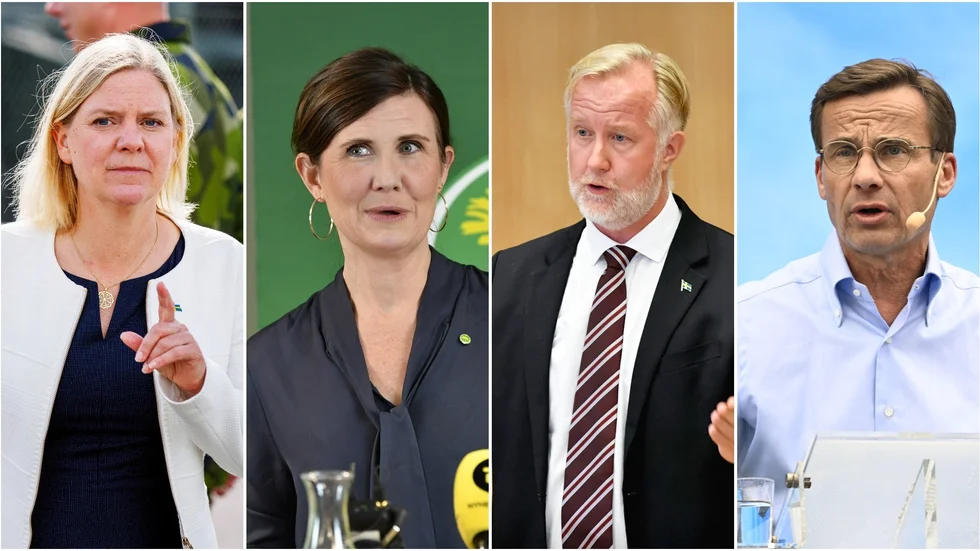 Magdalena Andersson (S), Märta Stenevi (MP), Johan Pehrson (L) och Ulf Kristersson (M) är några av de partiledare som kämpar om väljarnas röster i höstens val. 