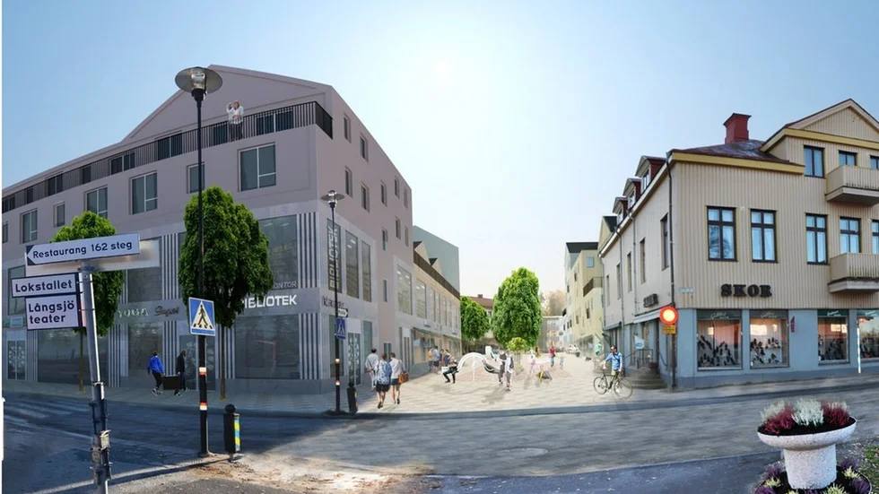 Skiss sett från hörnet där Swedbanks entré ligger i dag.