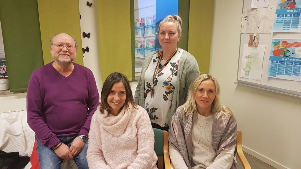 Studie- och yrkesvägledarna i grund- och gymnasieskolan. Från vänster: Jan-Olof Harlin, Carina Elfving, Jenny Palm och Sara Benafakir Lund. Saknas på bilden gör Thereze J Silvferskog, Johanna Malmberg och Eva-Marie Eriksson-