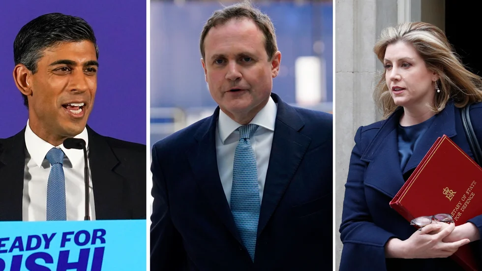 Montage av torypolitikerna Rishi Sunak, Tom Tugendhat och Penny Mordaunt, tre av toppnamnen när Torypartiet i Storbritannien väljer ny partiledare.