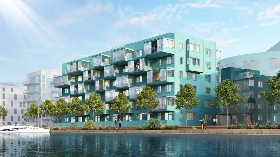 Så här är det tänkt att det blir vid bostadsrättsföreningen Kajplatsen. Det är Skanska som bygger.