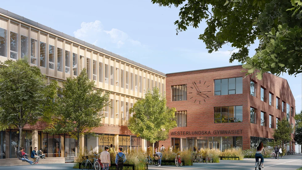 Entrétorget till Westerlundska gymnasiet. I anslutning till ingången ska en skulptur i form av en gigantisk lampa välkomna till skolan.