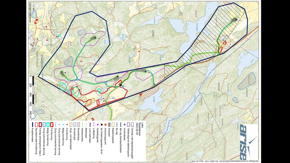 På bild syns var vindkraftverken runt Lebo kommer placeras. Verken är markerade med siffror 1-5. Tjust fågelklubb har försökt att få Leboetableringens tillstånd omprövat på grund av tjäderpopulationen i området, men får inget gehör för det.