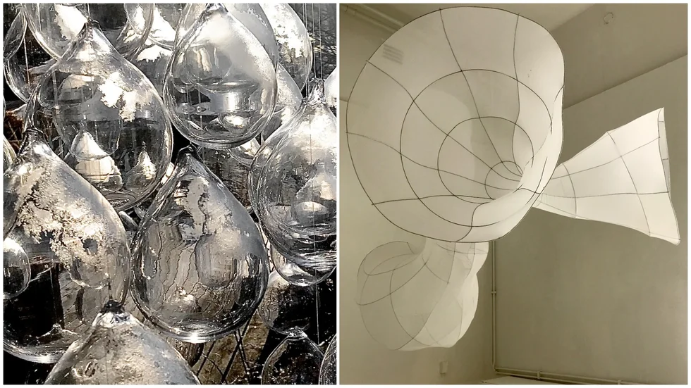 ”Vatten/luft – in progress”. Munblåst glas av Eva Juneblad (t v). ”Inneröra". Ståltråd, elastisk polyestertextil, lim, wire, av Joanna Eriksson.