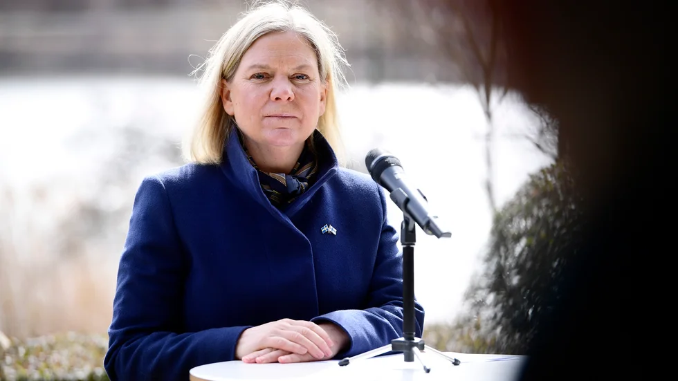 Statsminister Magdalena Andersson (S) vid en pressträff vid Villa Bonnier i Stockholm i samband med ett möte med Finlands statsminister Sanna Marin.